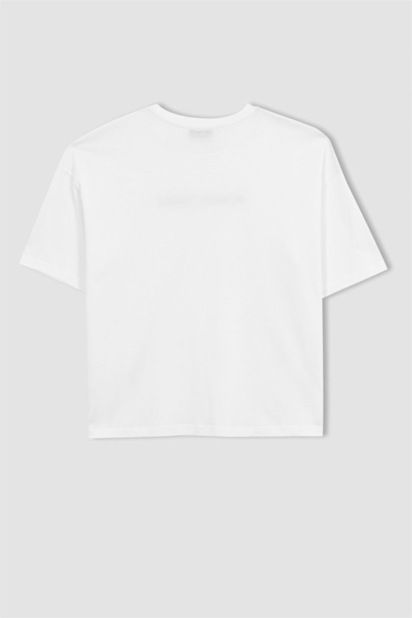 Kadın Beyaz Sorbe x DeFacto Bisiklet Yaka Baskılı Kısa Kollu Tişört