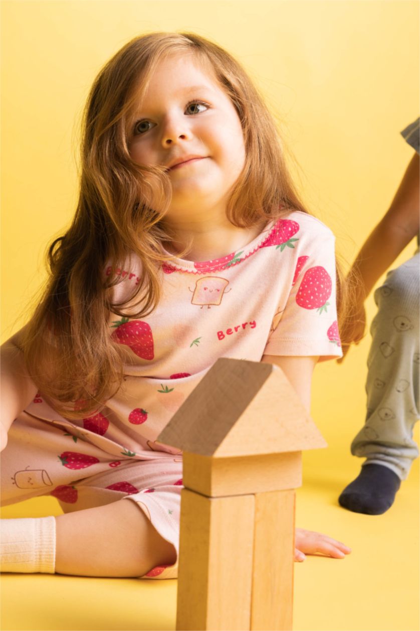 طفلة صغيرة زهري طقم بيجاما بناتي بطبعة فاكهة مطرز - قطعتين