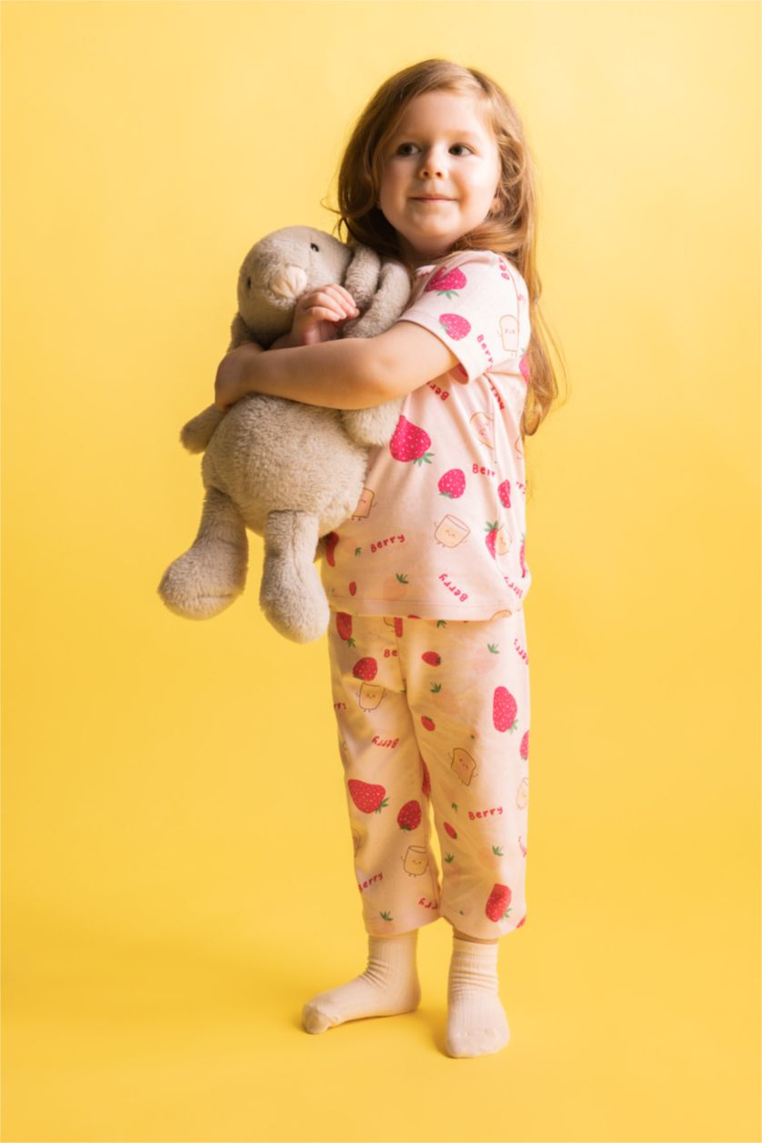 طفلة صغيرة زهري طقم بيجاما بناتي بطبعة فاكهة مطرز - قطعتين