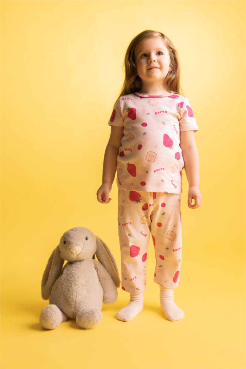 طفلة صغيرة زهري طقم بيجاما بناتي بطبعة فاكهة مطرز - قطعتين