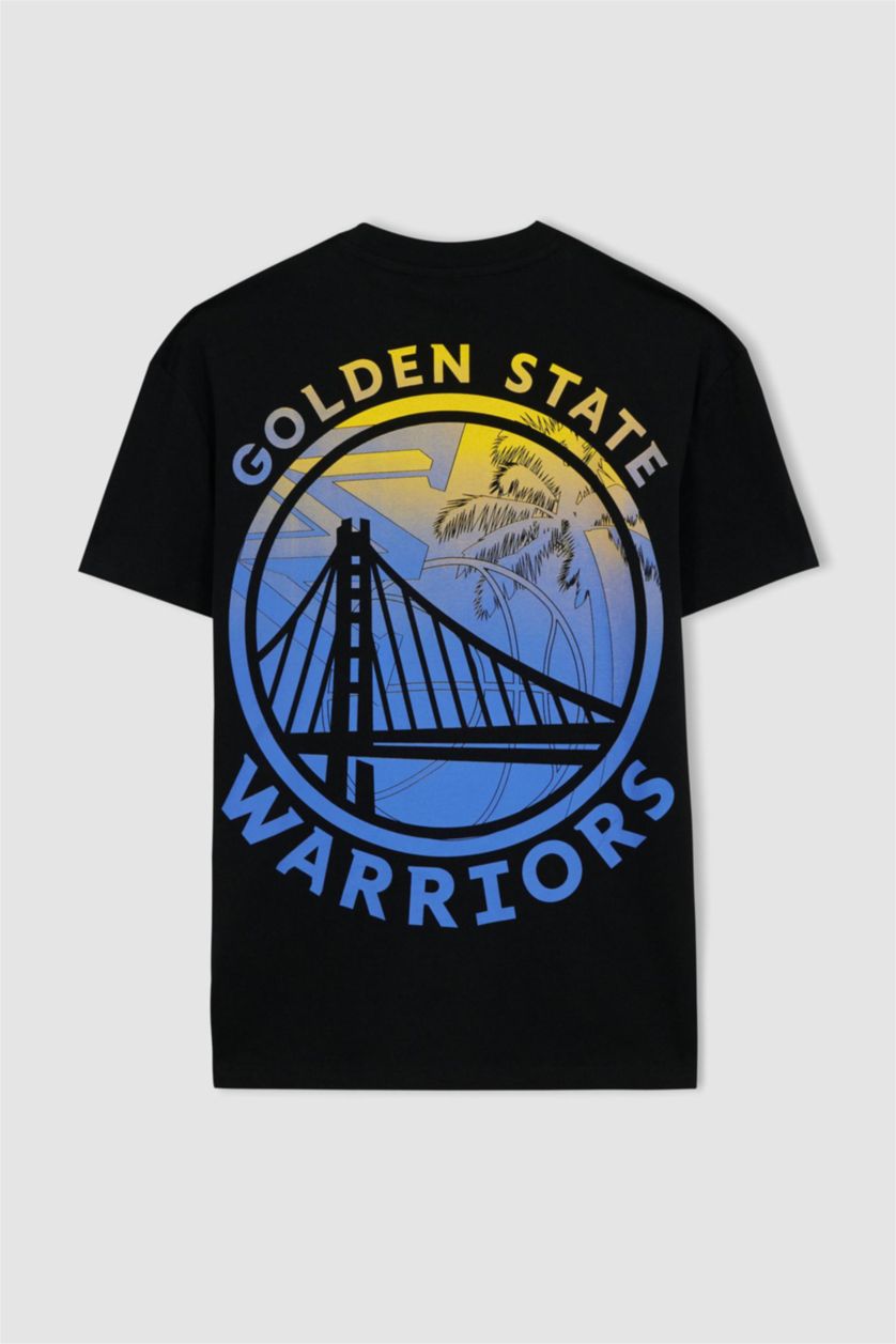 MAN Black Defacto Fit NBA Golden State Warriors Printed Back Standard Fit Crew Neck T-Shirt