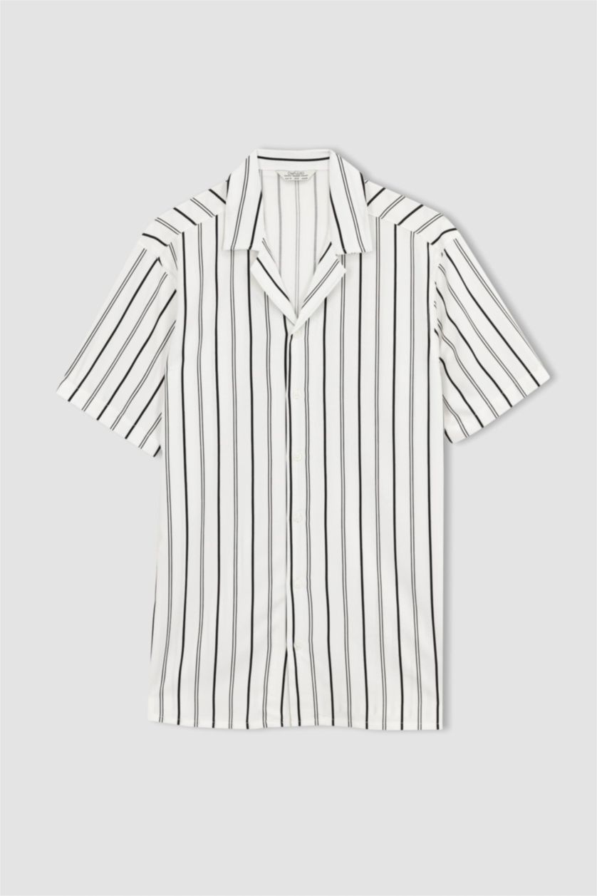 رجالي بيج فاتح قميص فيسكوز مخطط قصة عادية