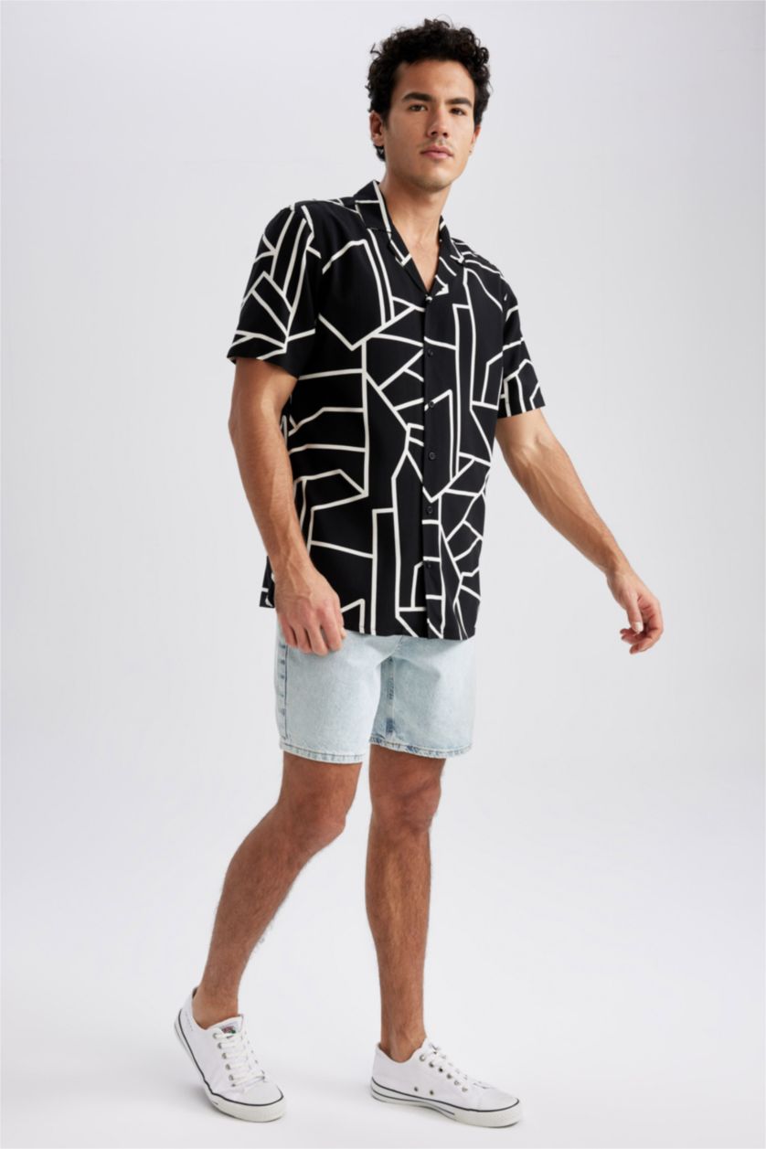 رجال أسود Regular Fit Viscose Short Sleeve Shirt