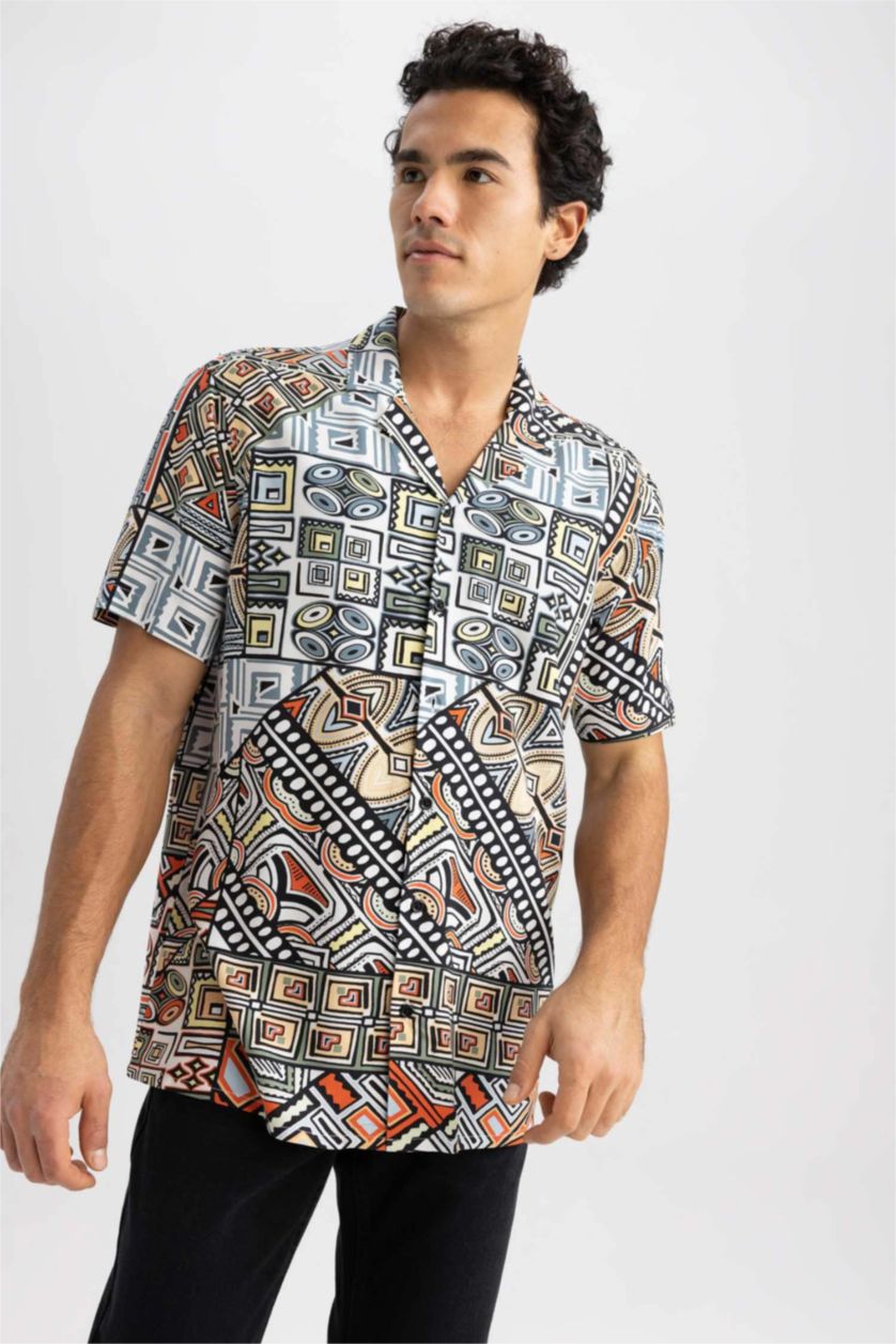 MAN Orange Regular Fit High Collar Printed Viscose Short Sleeve Shirt