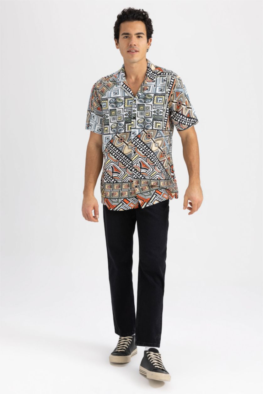 MAN Orange Regular Fit High Collar Printed Viscose Short Sleeve Shirt