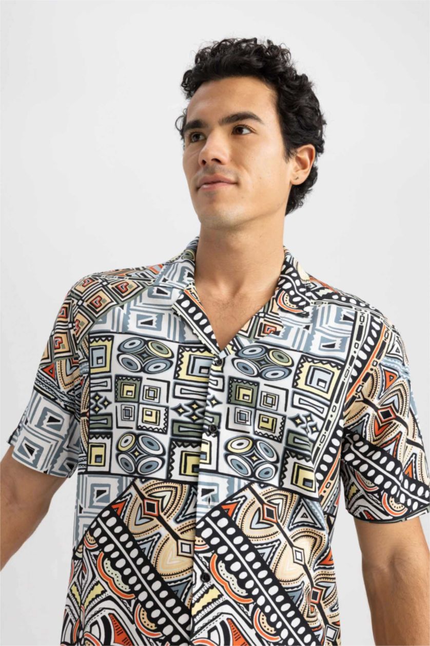 MAN Orange Regular Fit High Collar Printed Viscose Short Sleeve Shirt
