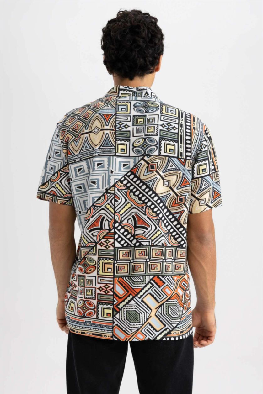 MAN Orange Regular Fit High Collar Printed Viscose Short Sleeve Shirt