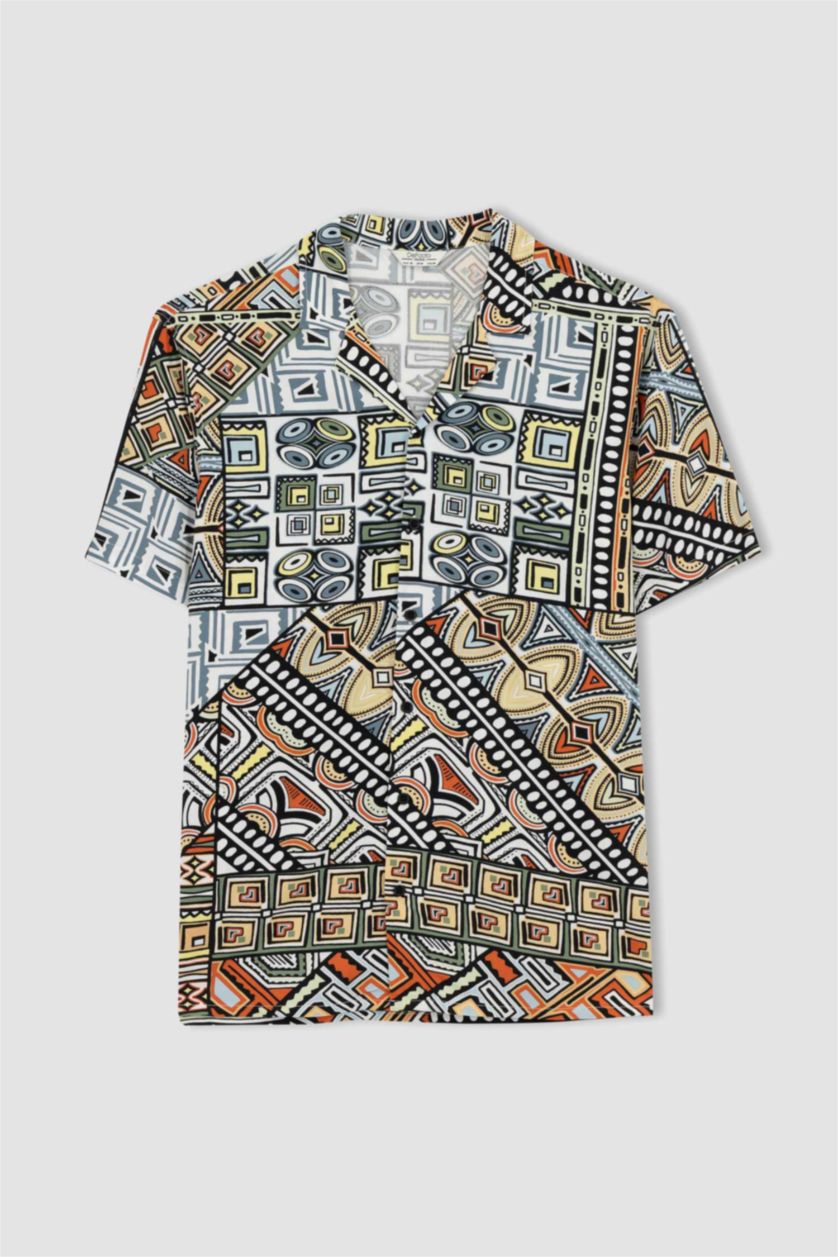 MAN Orange Regular Fit High Collar Printed Viscose Short Sleeve Shirt