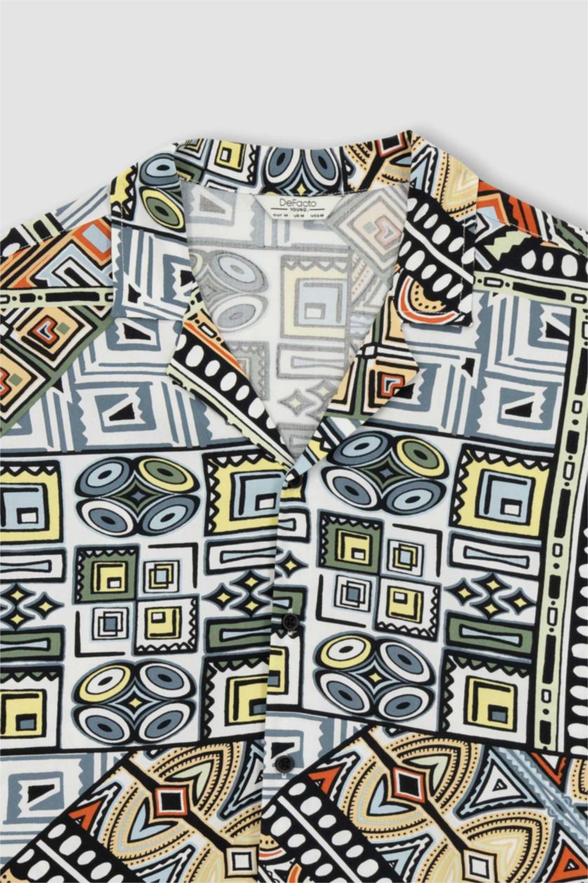 MAN Orange Regular Fit High Collar Printed Viscose Short Sleeve Shirt