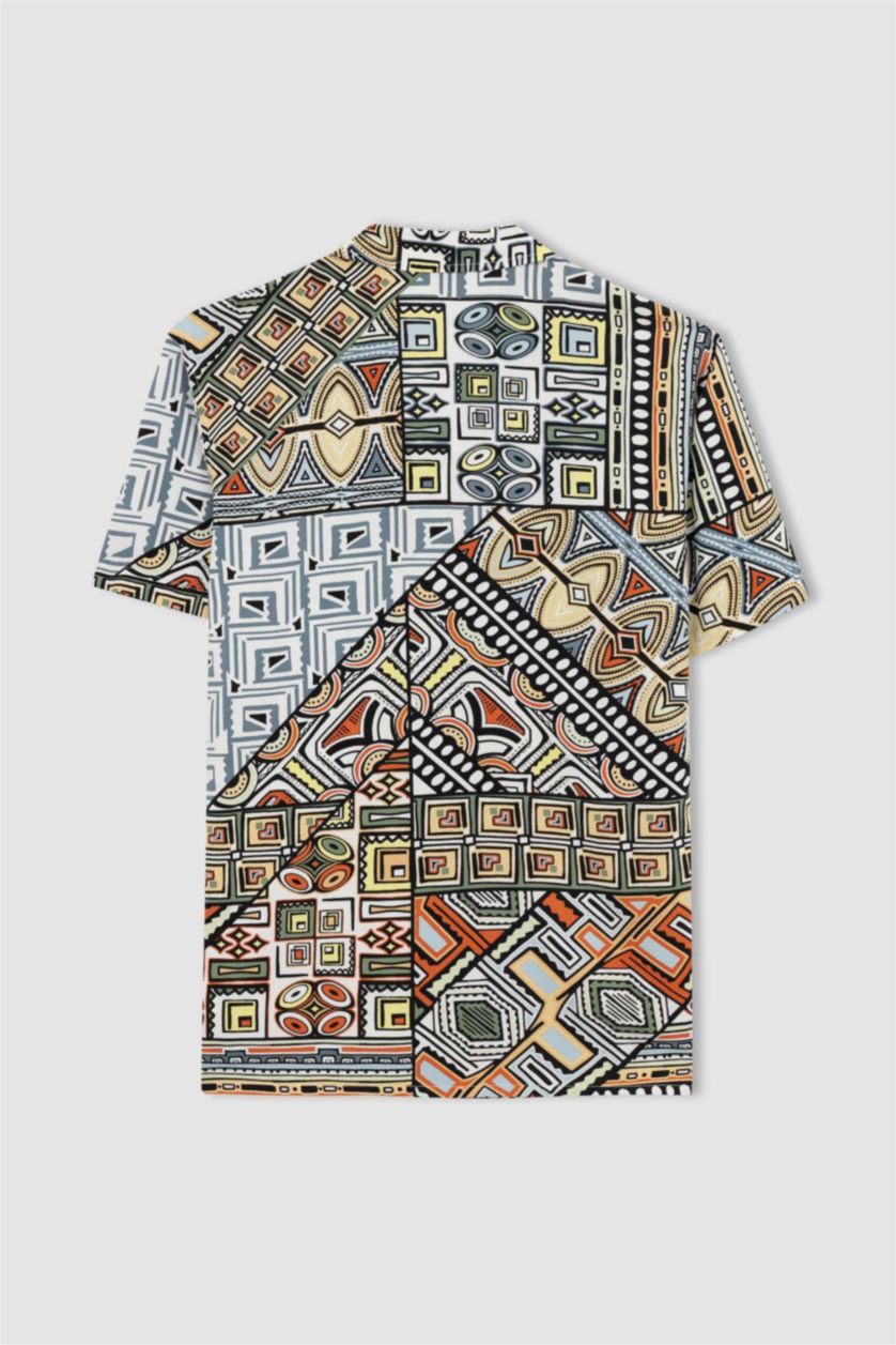 MAN Orange Regular Fit High Collar Printed Viscose Short Sleeve Shirt