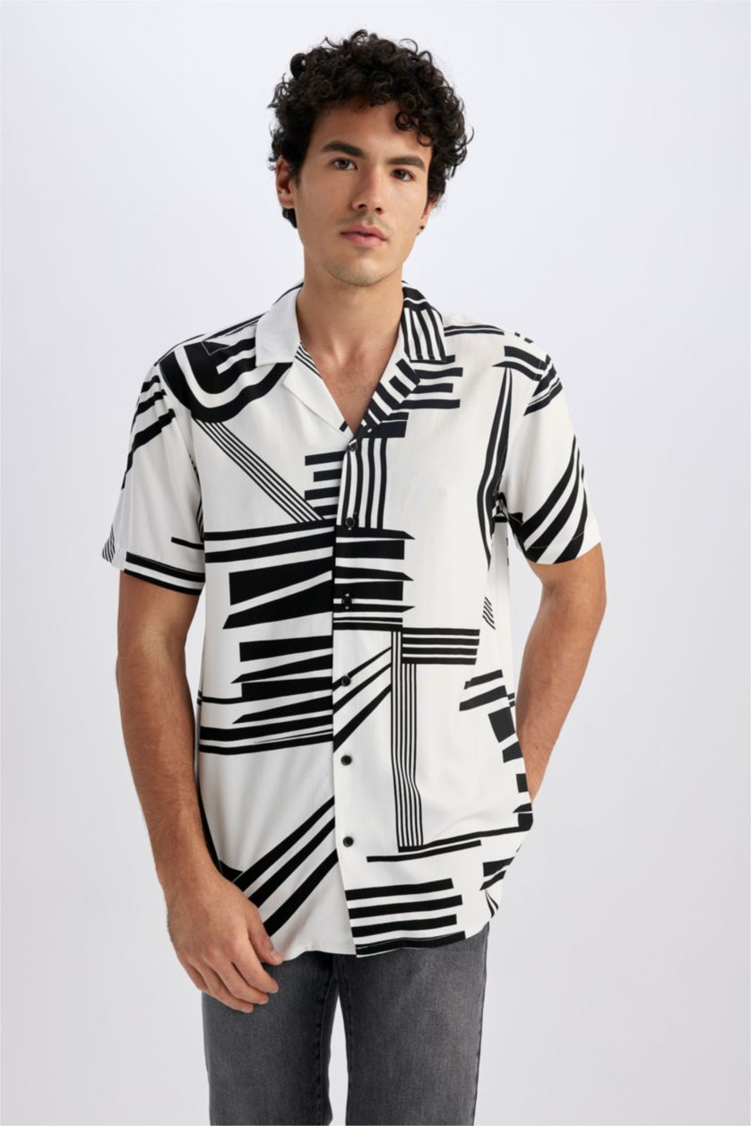 MAN Ecru Regular Fit High Collar Printed Viscose Short Sleeve Shirt