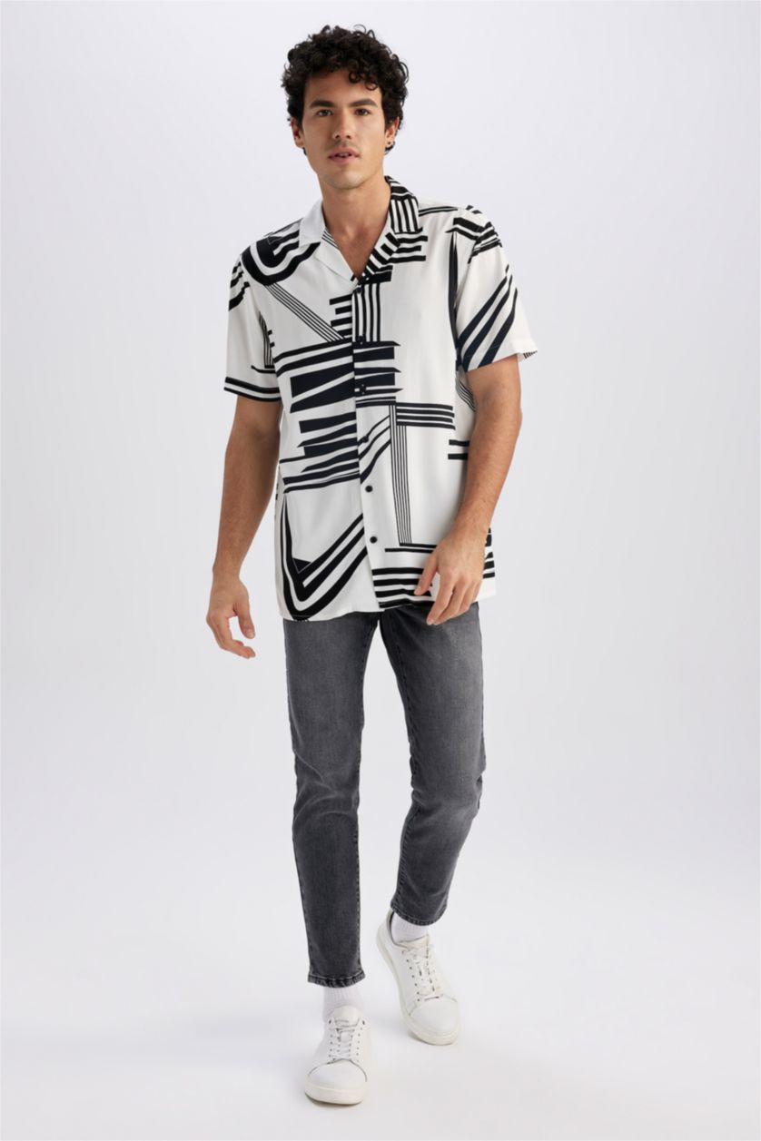 MAN Ecru Regular Fit High Collar Printed Viscose Short Sleeve Shirt