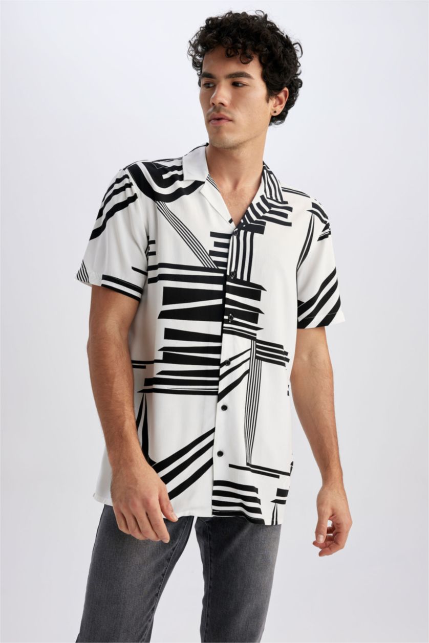 MAN Ecru Regular Fit High Collar Printed Viscose Short Sleeve Shirt