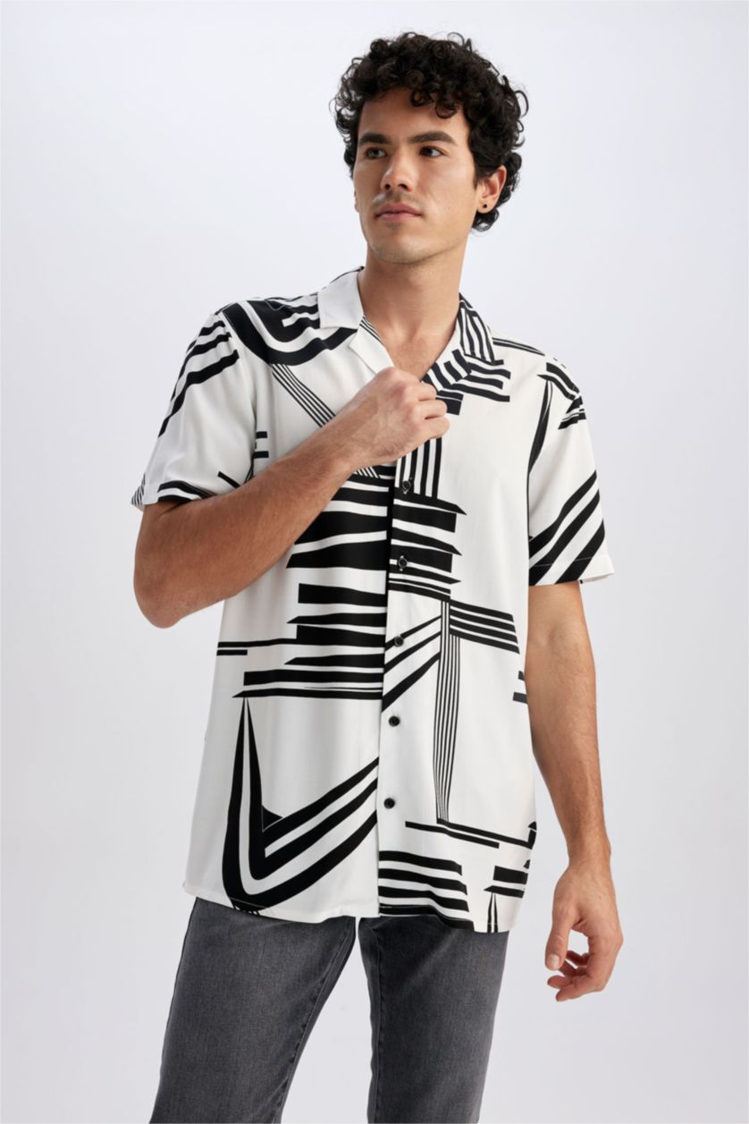 MAN Ecru Regular Fit High Collar Printed Viscose Short Sleeve Shirt