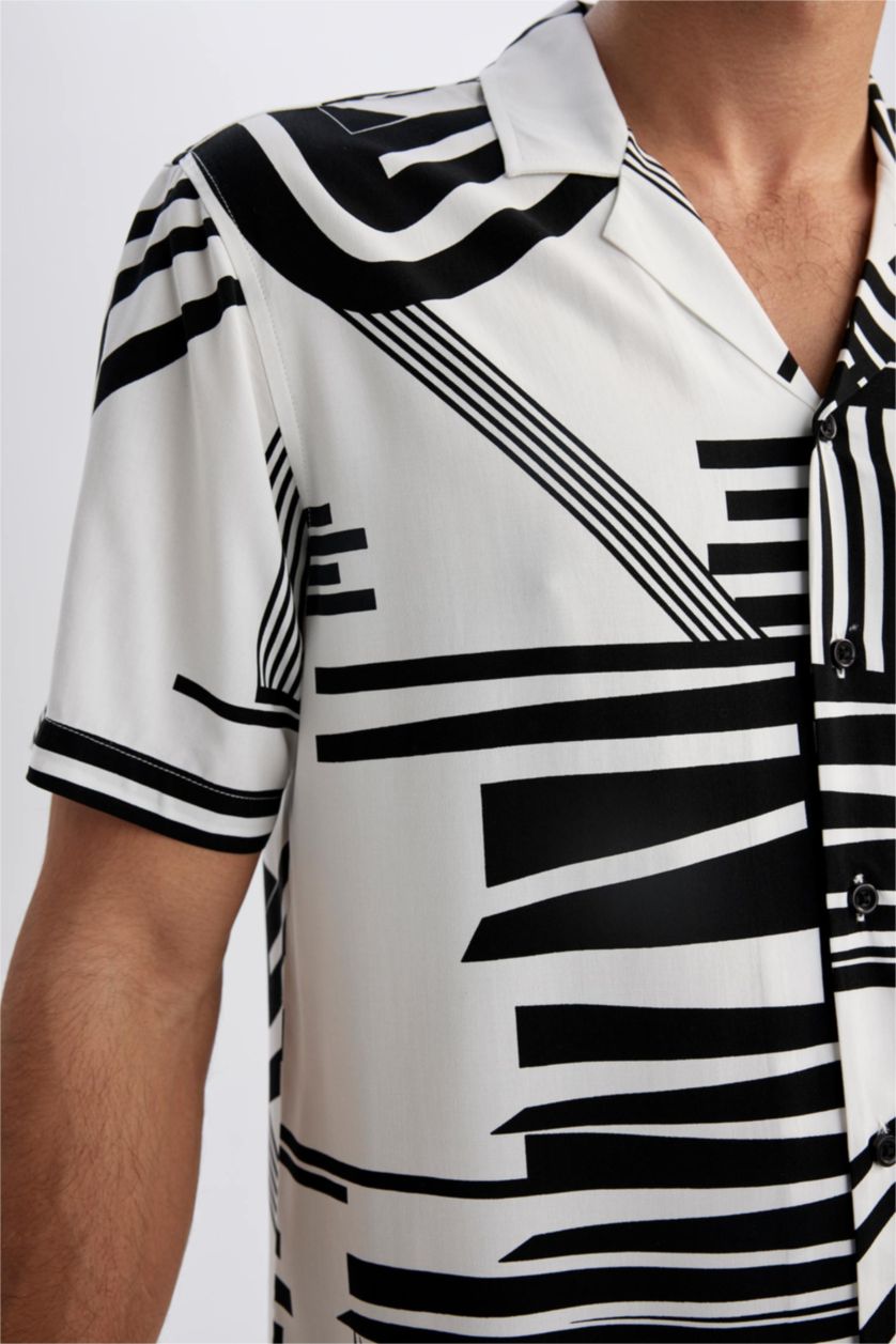 MAN Ecru Regular Fit High Collar Printed Viscose Short Sleeve Shirt