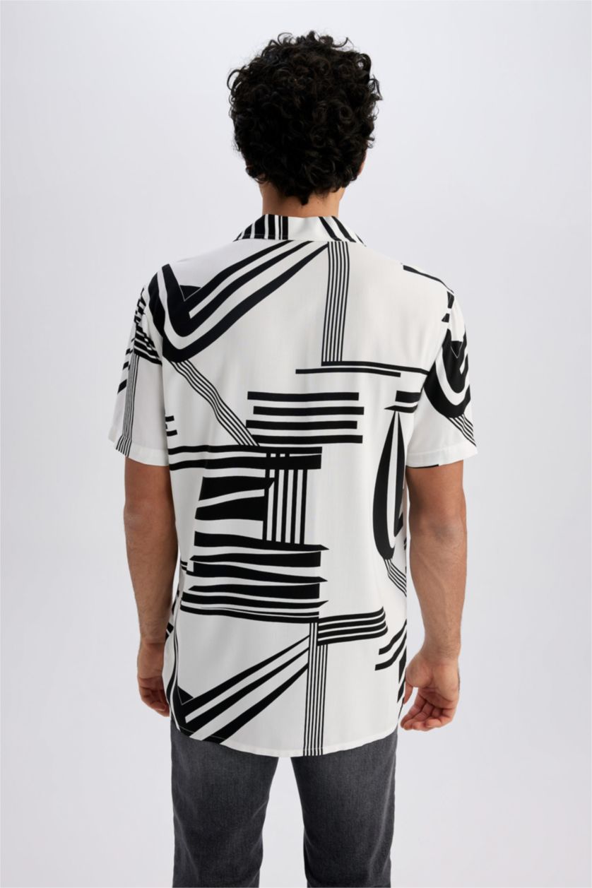 MAN Ecru Regular Fit High Collar Printed Viscose Short Sleeve Shirt