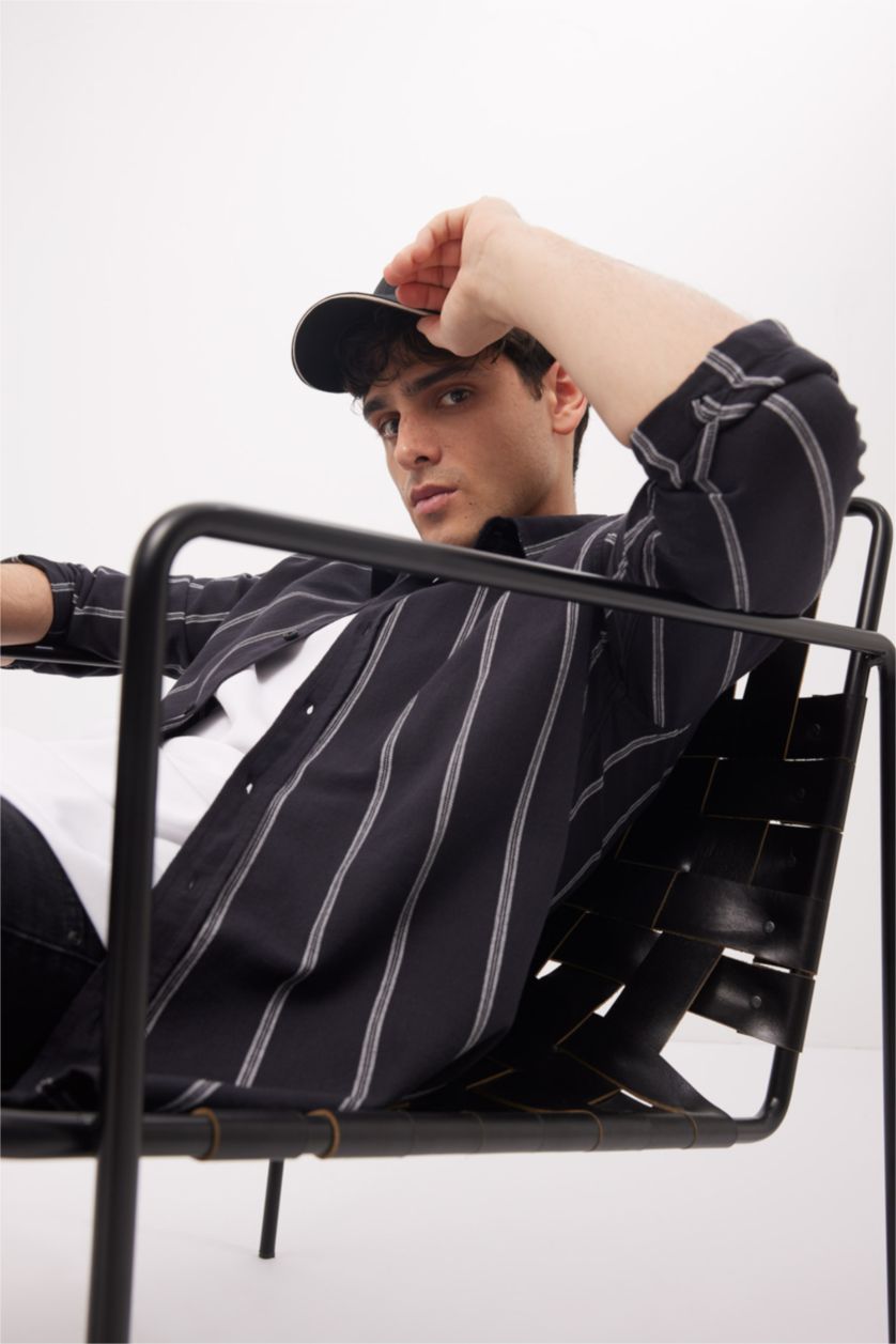 رجالي أسود قميص مخطط قطن قصة عادية كم طويل