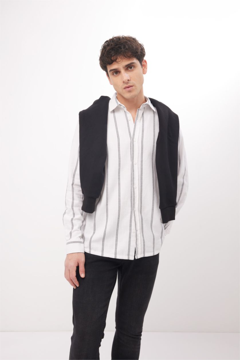 Ерлер ақ қалыпты пішім жолақ Ұзын жеңді көйлек