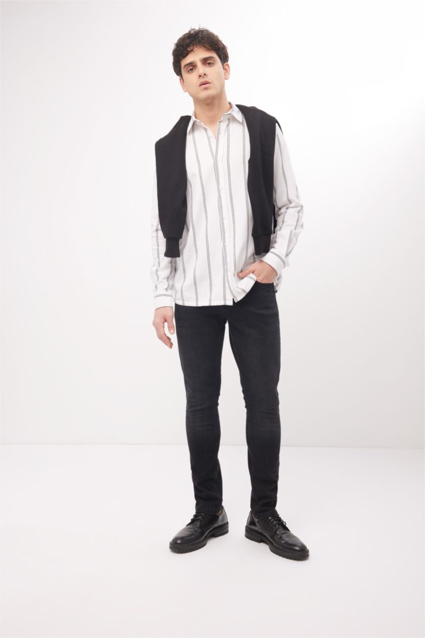 Ерлер ақ қалыпты пішім жолақ Ұзын жеңді көйлек