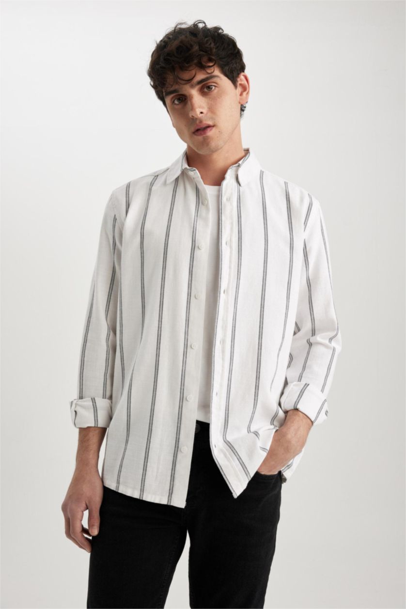 Ерлер ақ қалыпты пішім жолақ Ұзын жеңді көйлек