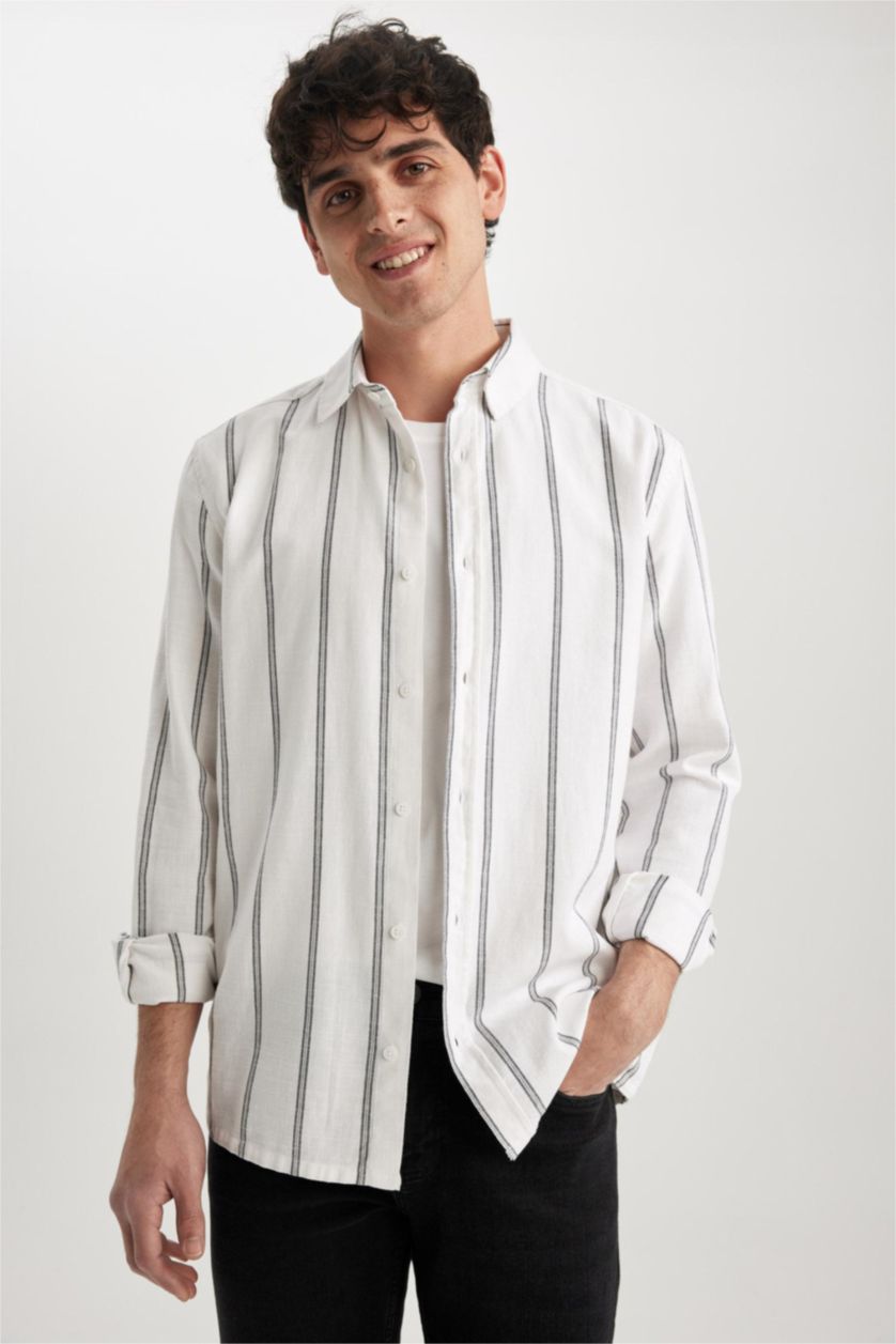 Ерлер ақ қалыпты пішім жолақ Ұзын жеңді көйлек