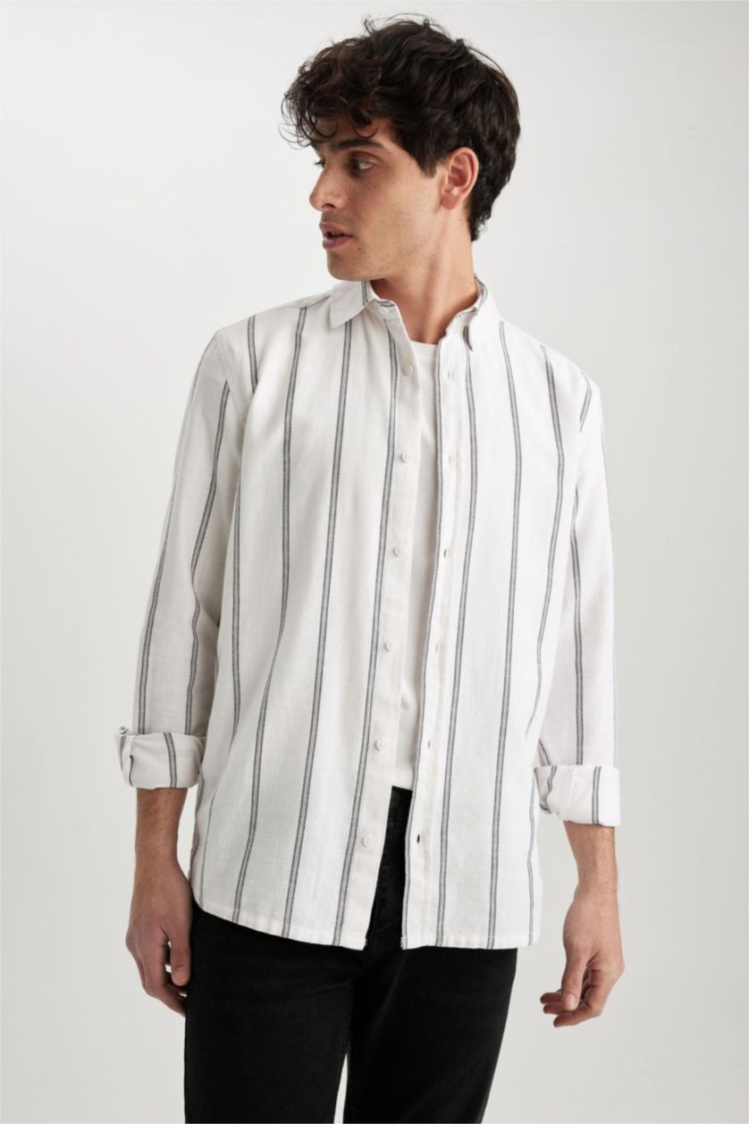 Ерлер ақ қалыпты пішім жолақ Ұзын жеңді көйлек