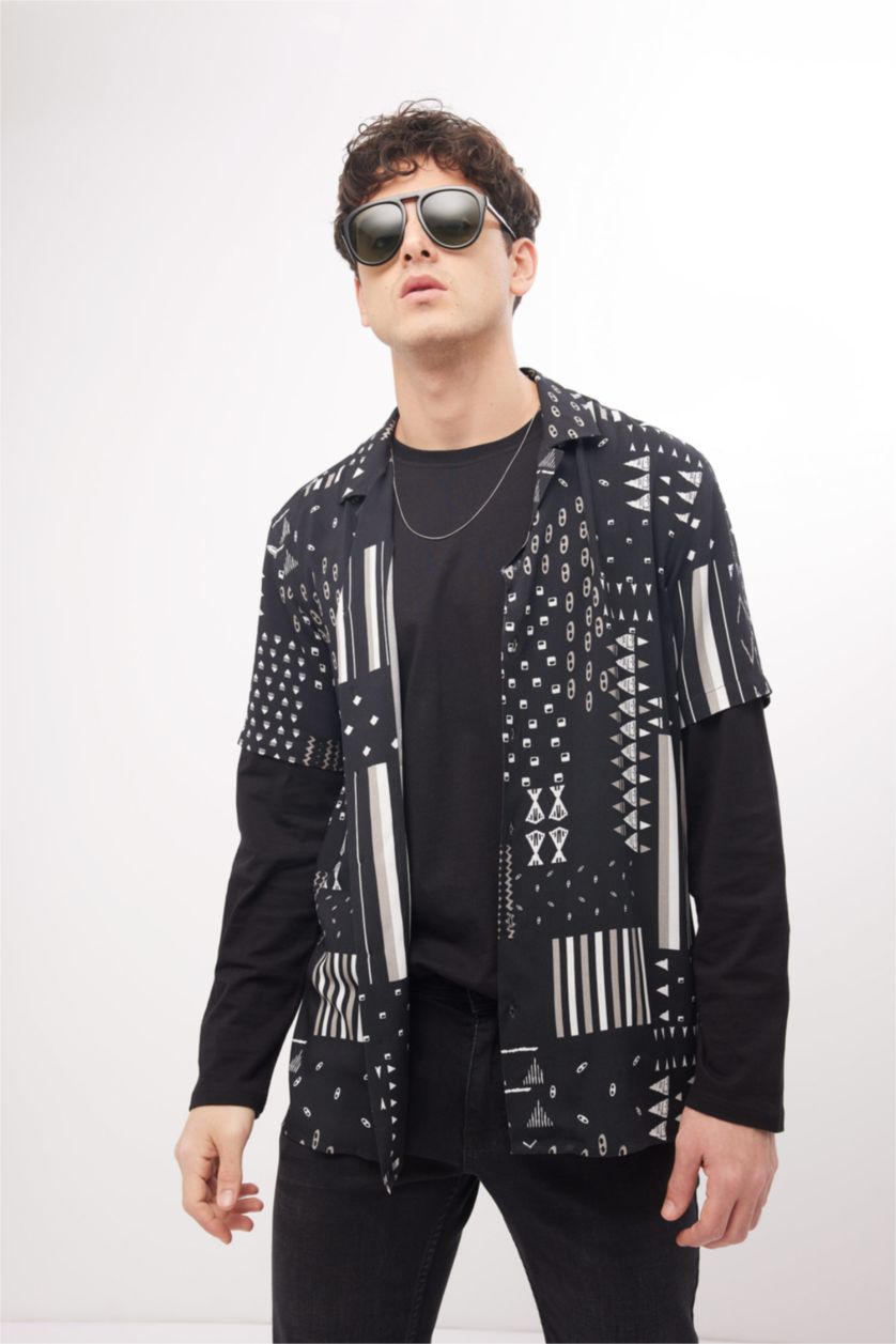 رجالي أسود قميص فيسكوز مطبوع قصة عادية