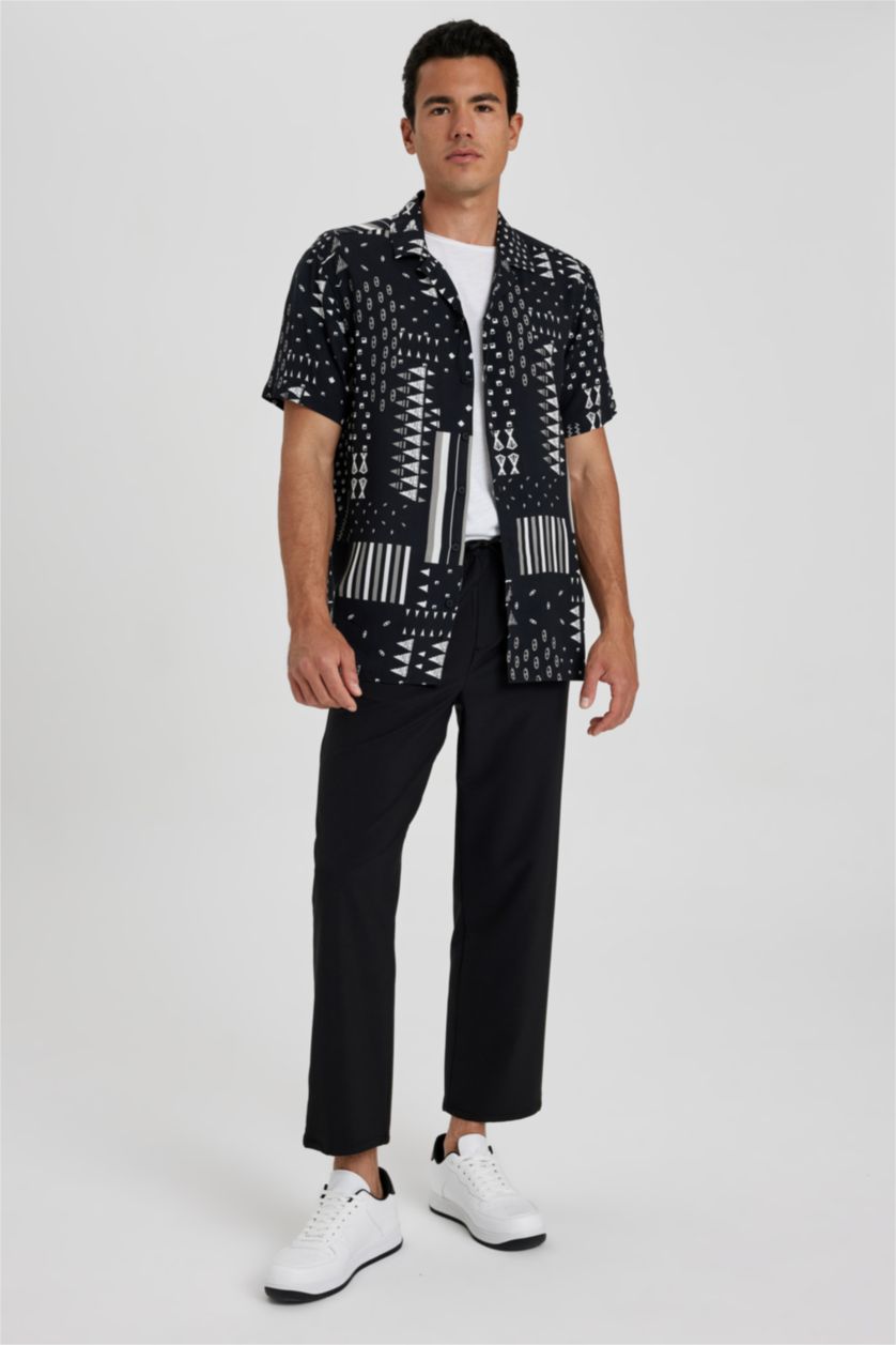 رجالي أسود قميص فيسكوز مطبوع قصة عادية