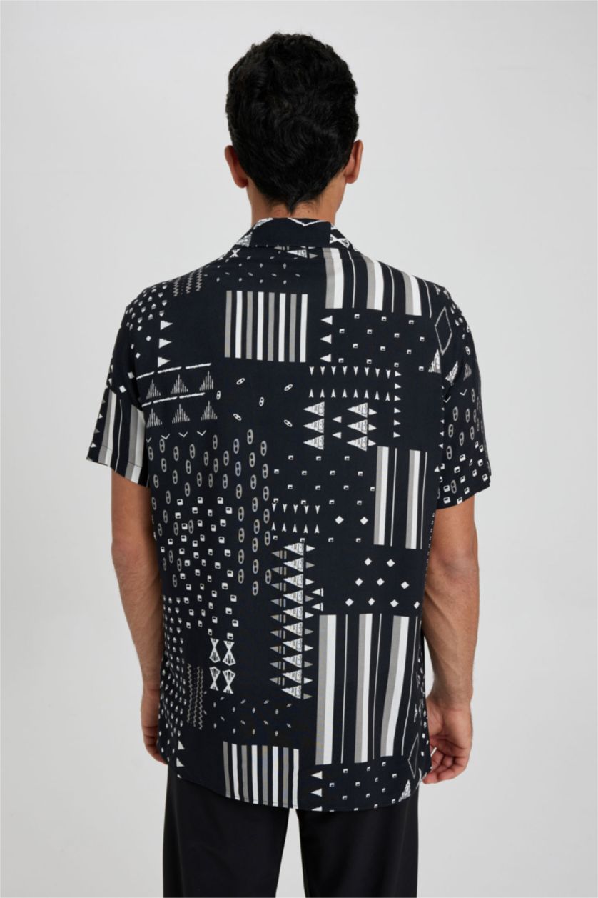 رجالي أسود قميص فيسكوز مطبوع قصة عادية