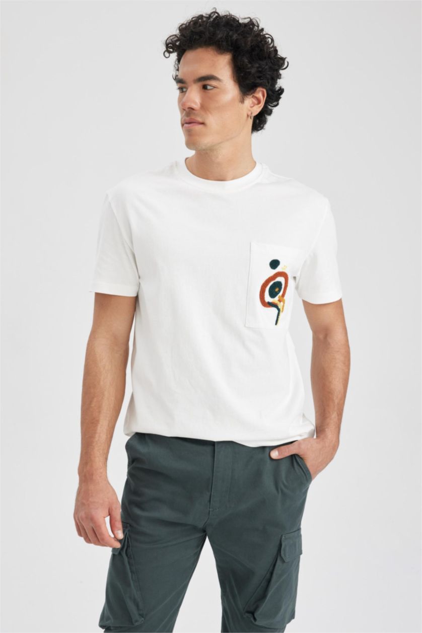 Мужчины Бежевый Футболка стандартного кроя с принтом из 100% хлопка