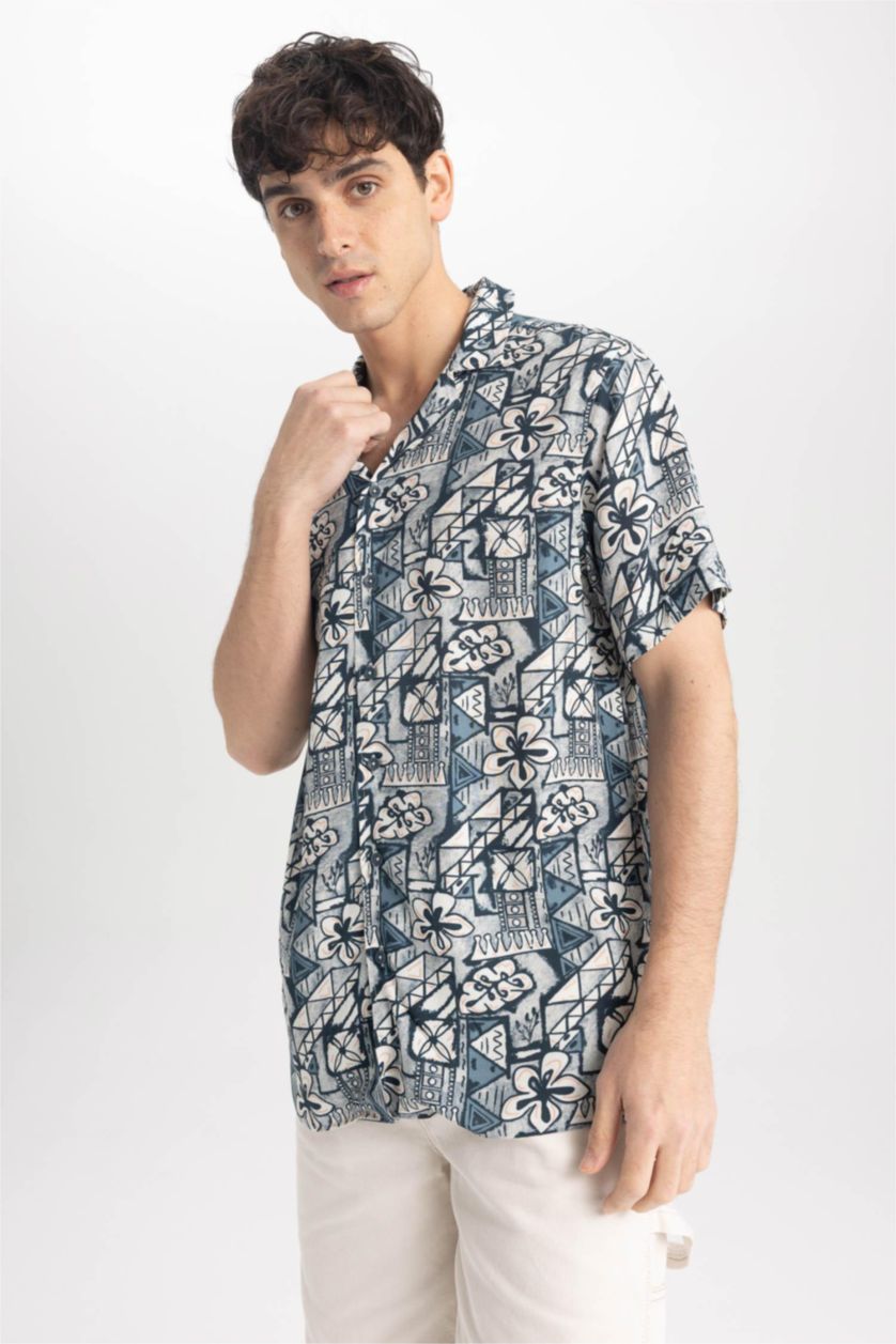 HOMME Écru Shirt À Manches Courtes Viscone Imprimé Cou Apache