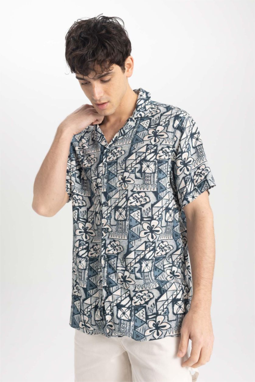 HOMME Écru Shirt À Manches Courtes Viscone Imprimé Cou Apache