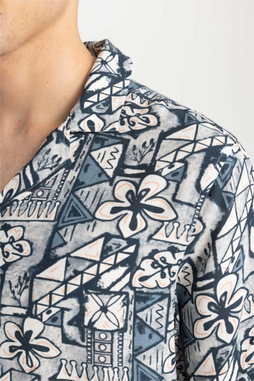 HOMME Écru Shirt À Manches Courtes Viscone Imprimé Cou Apache