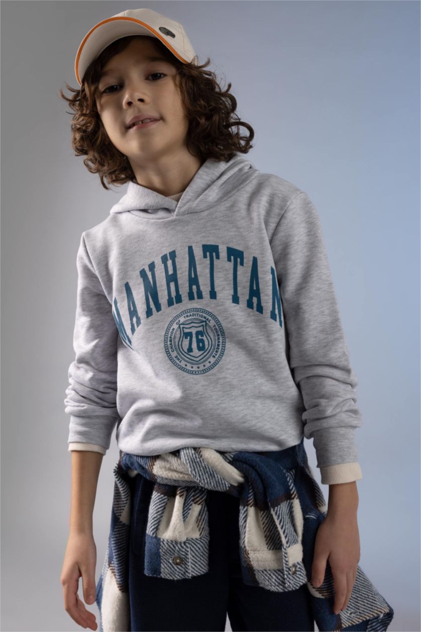 BOYS & TEENS Light Grey Melange Boys Regular Fit Hoodie Sweatshirt