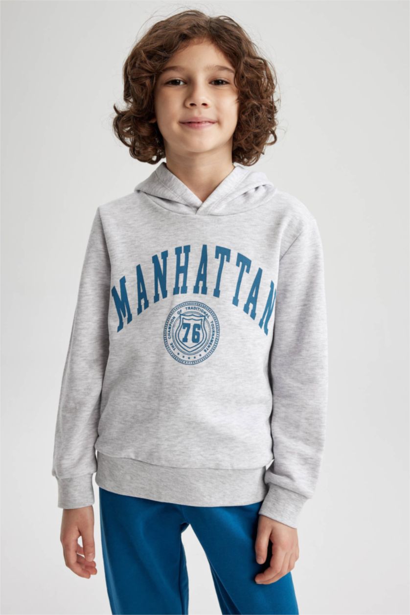 BOYS & TEENS Light Grey Melange Boys Regular Fit Hoodie Sweatshirt