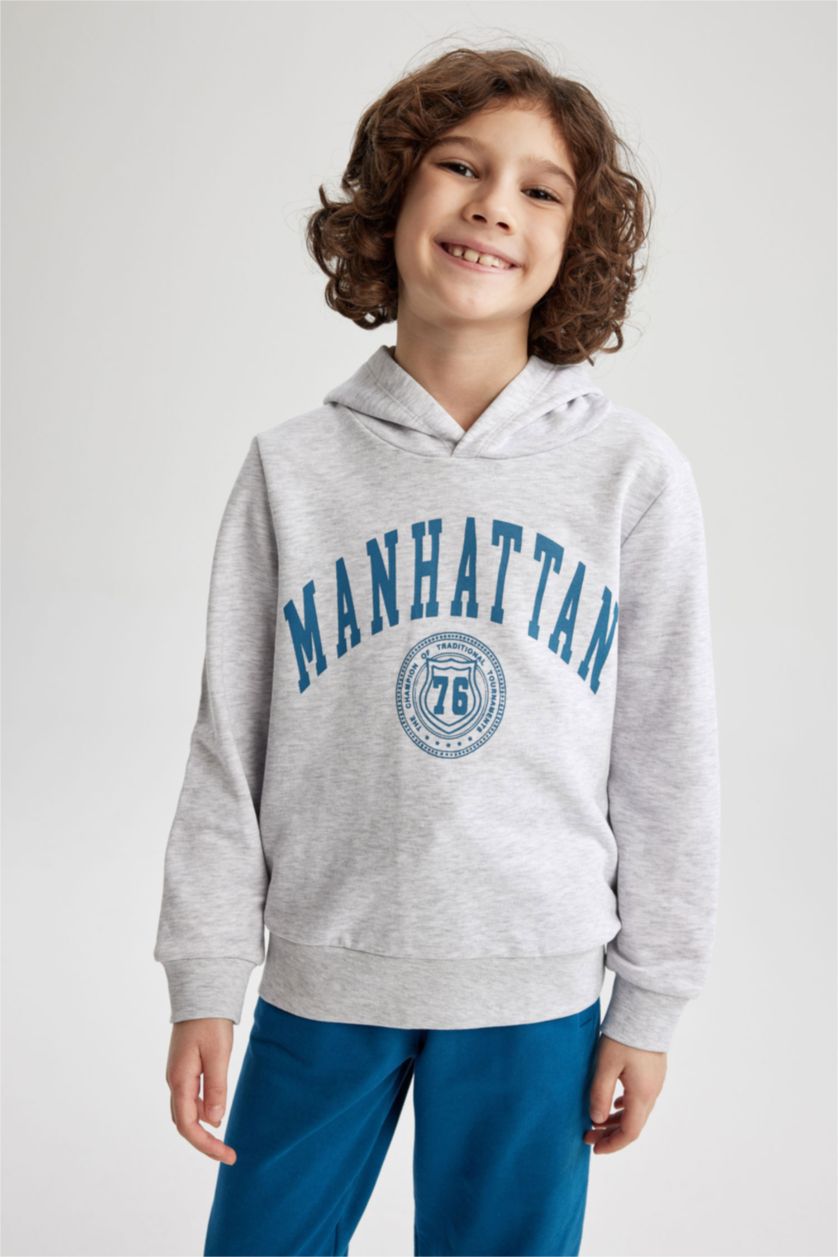 BOYS & TEENS Light Grey Melange Boys Regular Fit Hoodie Sweatshirt