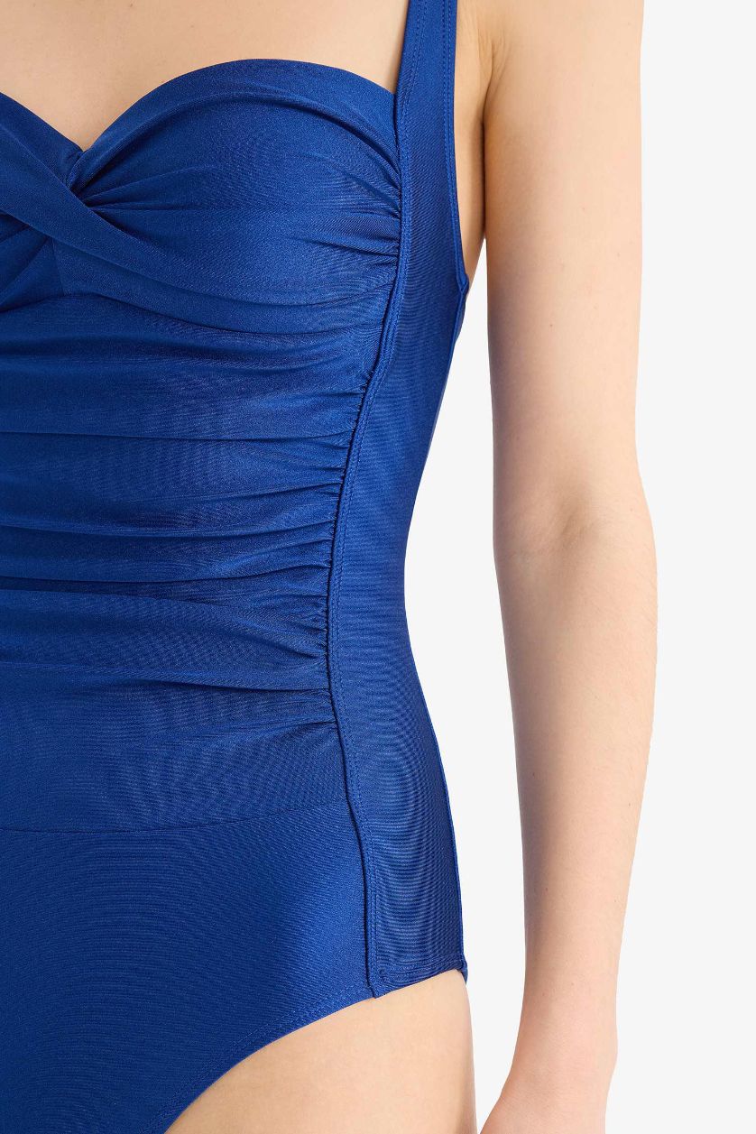 Kadın Saks Regular Fit Drapeli Mayo