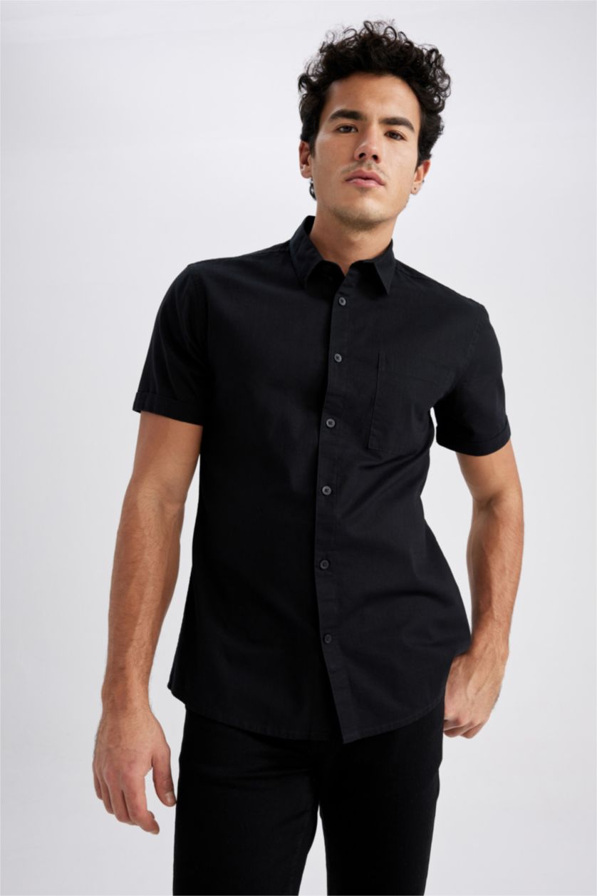 Мужчины Черный Рубашка приталенного кроя с коротким рукавом