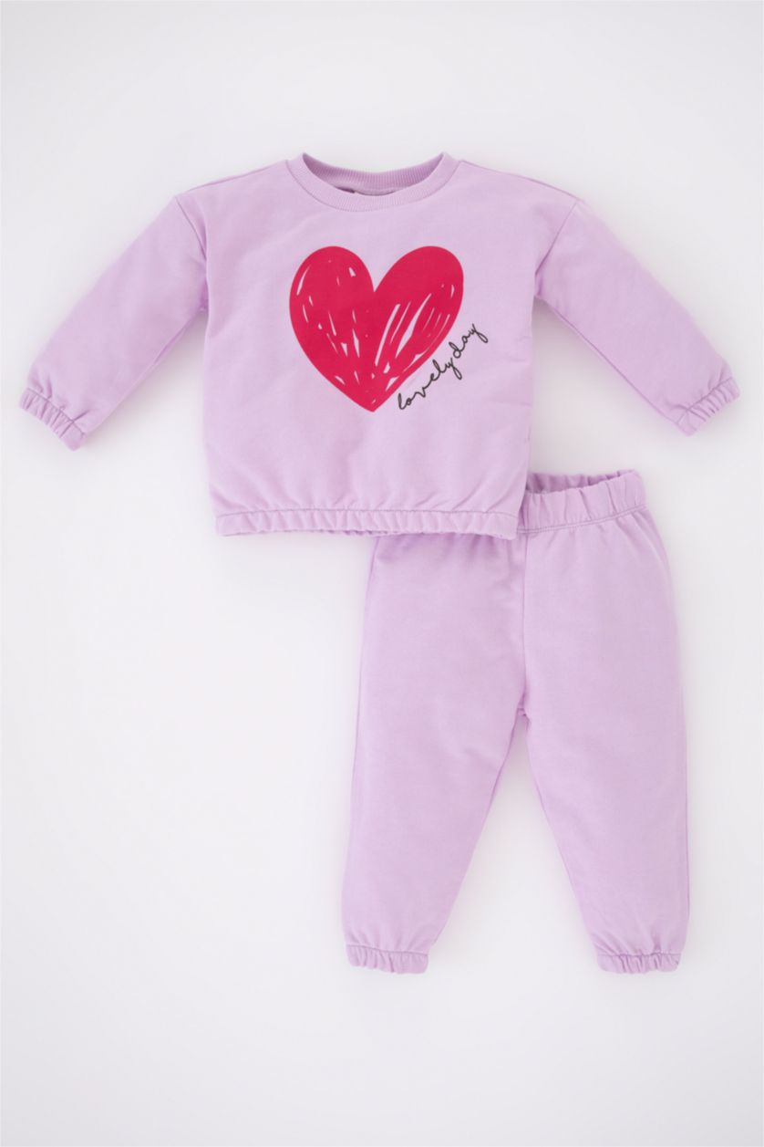 Baby Girl Lilac Baby Girl Heart Printed Sweatshirt Tracksuit Bottom 2 Piece Set