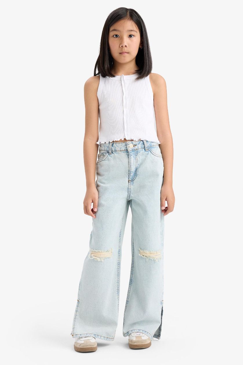 Kız Çocuk - Genç Kız Buz Mavi Wide Leg Yırtık Detaylı Geniş Paça Jean Pantolon Kız Çocuk