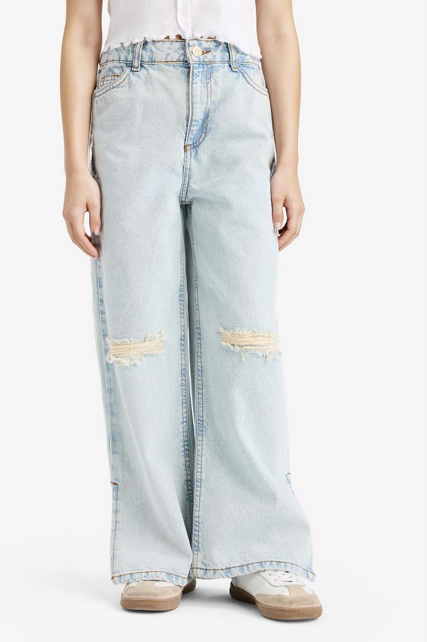 Kız Çocuk - Genç Kız Buz Mavi Wide Leg Yırtık Detaylı Geniş Paça Jean Pantolon Kız Çocuk