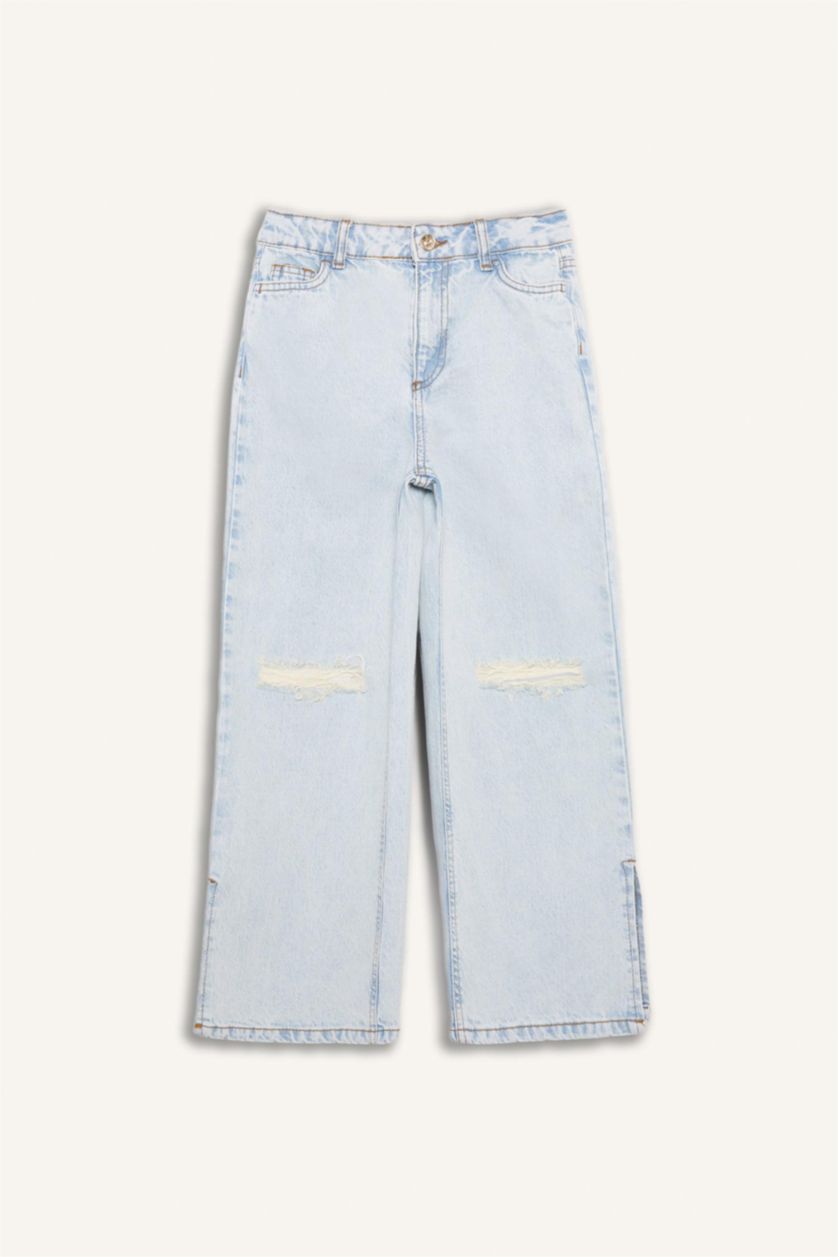 Kız Çocuk - Genç Kız Buz Mavi Wide Leg Yırtık Detaylı Geniş Paça Jean Pantolon Kız Çocuk