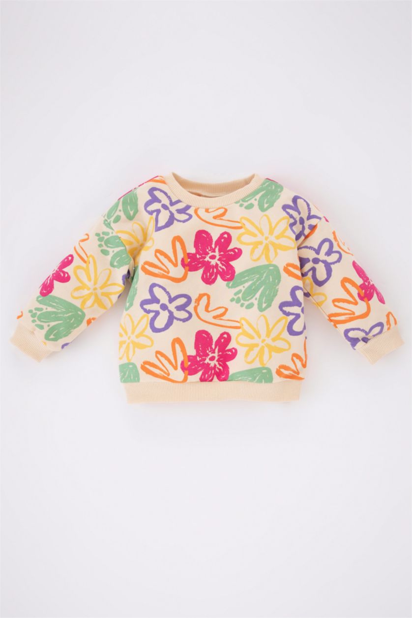 BABY GIRL Salmon Baby Girls Regular Fit Crew Neck Floral Sweatshirt