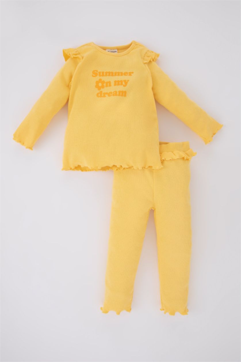 طفلة صغيرة أصفر طقم بناتي بيبي فلورال وياقة مستديرة - قطعتين