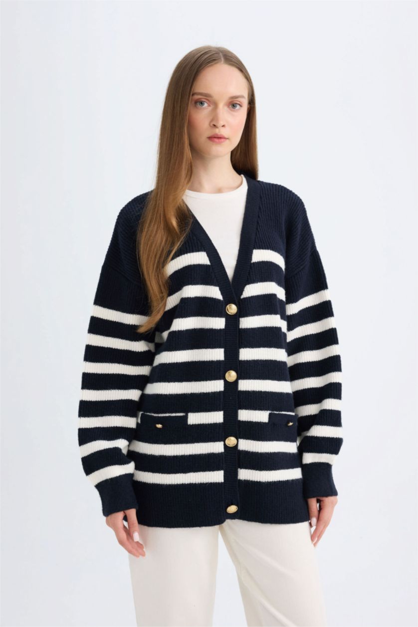 FEMME Marin Cardigan rayé à coupe régulière et col V