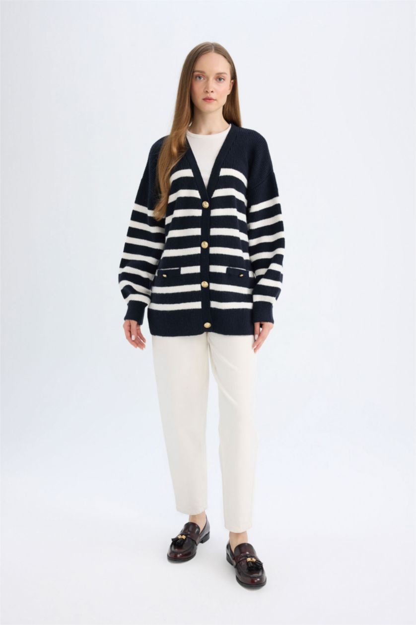 FEMME Marin Cardigan rayé à coupe régulière et col V