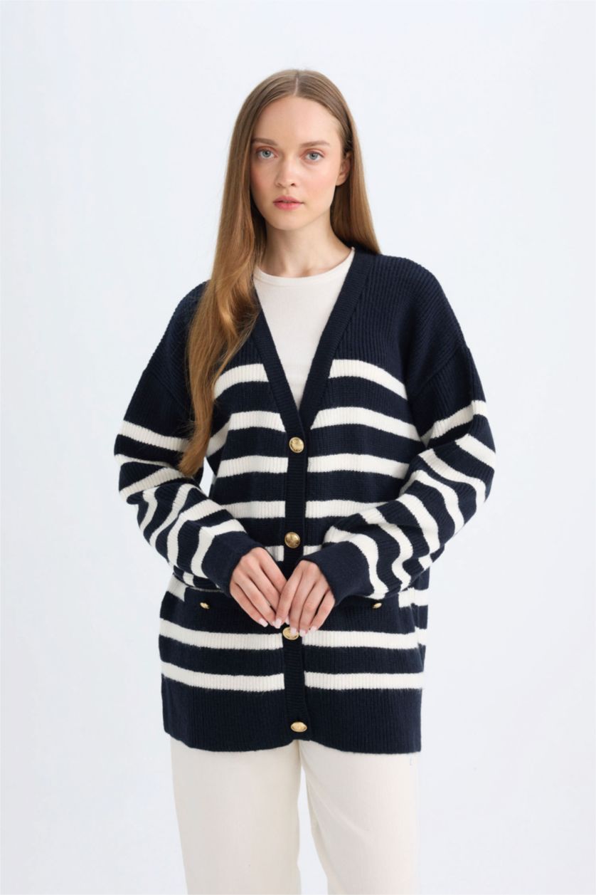 FEMME Marin Cardigan rayé à coupe régulière et col V