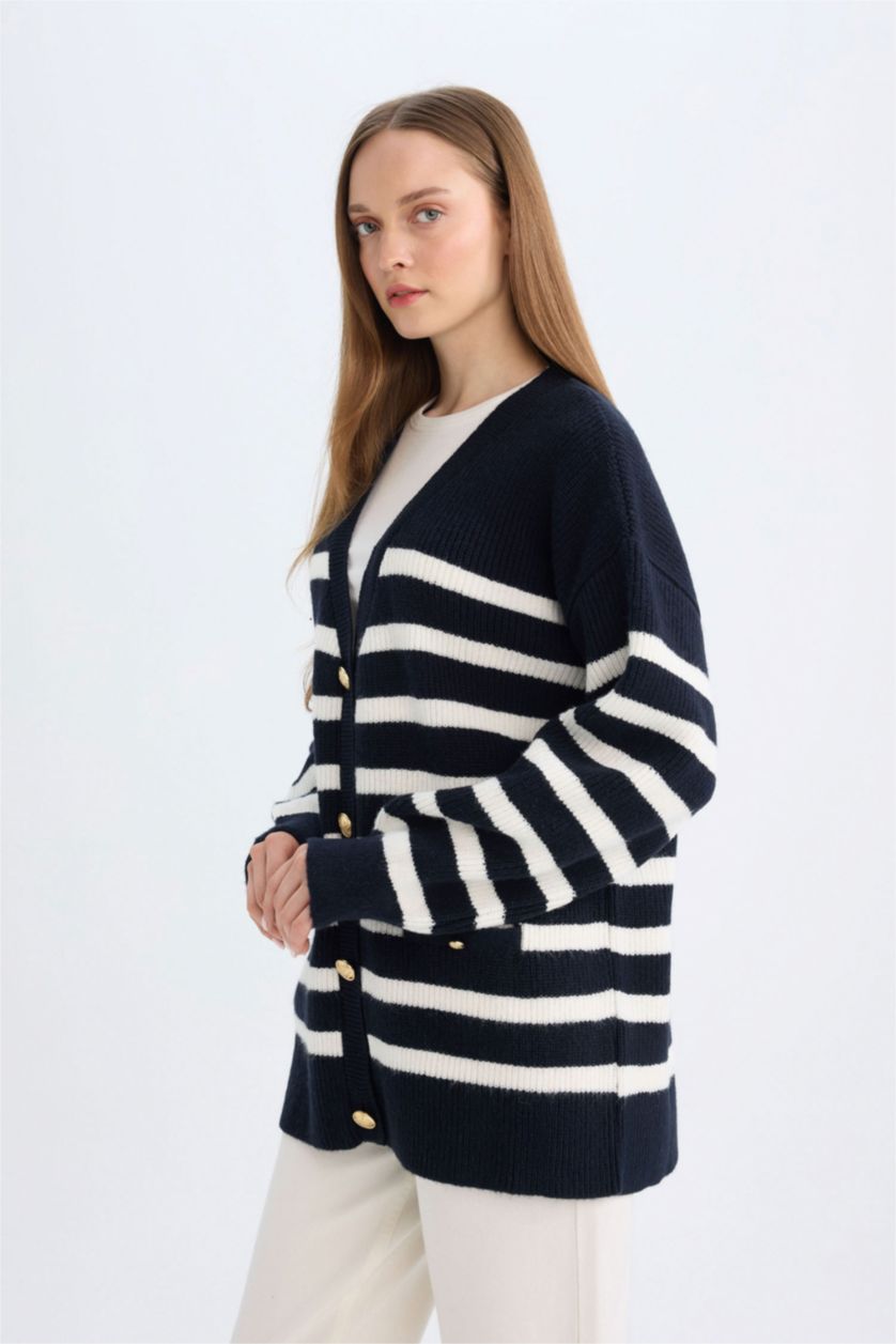 FEMME Marin Cardigan rayé à coupe régulière et col V