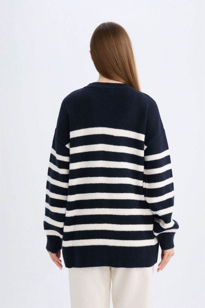 FEMME Marin Cardigan rayé à coupe régulière et col V