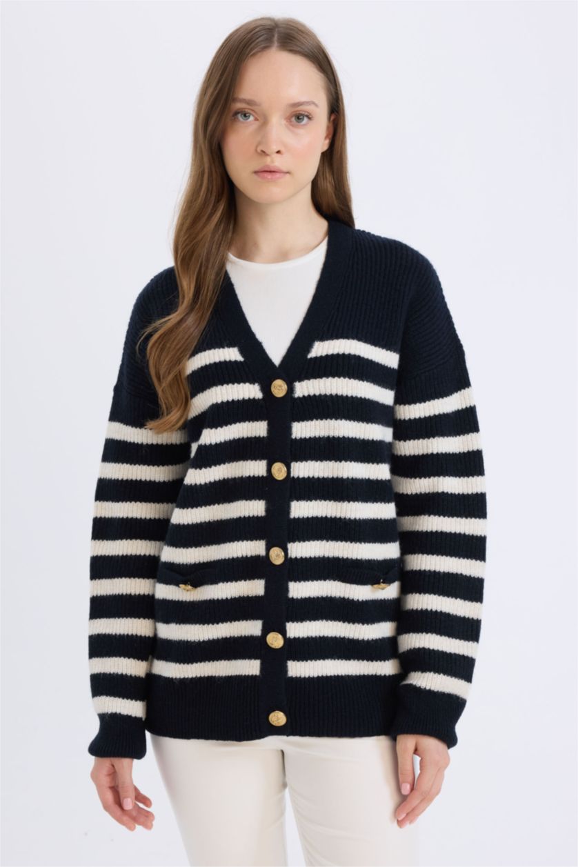 WOMAN NAVY Regular Fit V-Neck Striped Cardigan